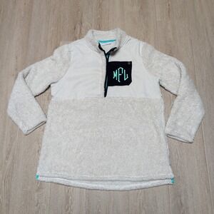 Marleylilly Womens L XL Sherpa Fleece Snap Pullover Cream Navy Monogram MFL